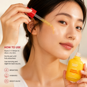 Woman applying Eqqualberry Vitamin Illuminating Serum with a dropper to her face for glowing, radiant skin