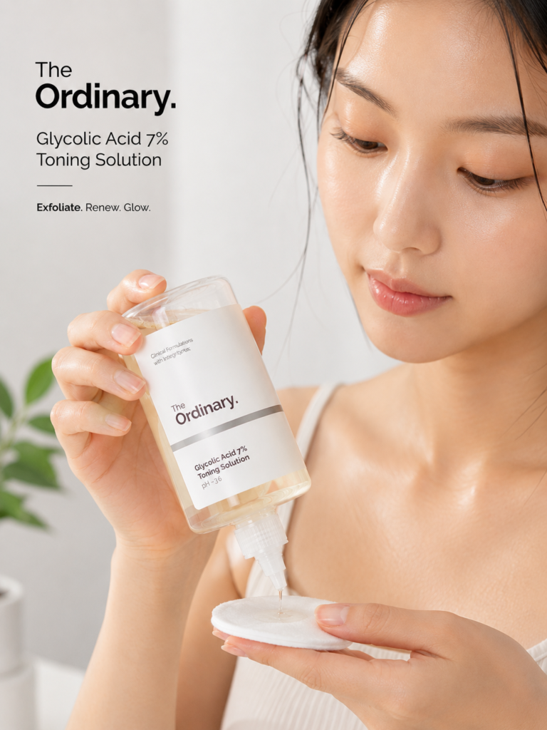 Woman applying The Ordinary Glycolic Acid 7% Toning Solution with a cotton pad for gentle exfoliation and brighter skin