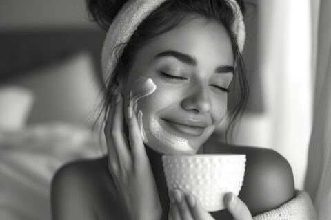 Woman applying I m from skincare cream during morning routine, bedroom background, black and white photo