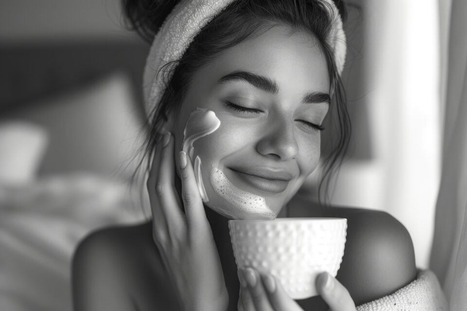 Woman applying I m from skincare cream during morning routine, bedroom background, black and white photo