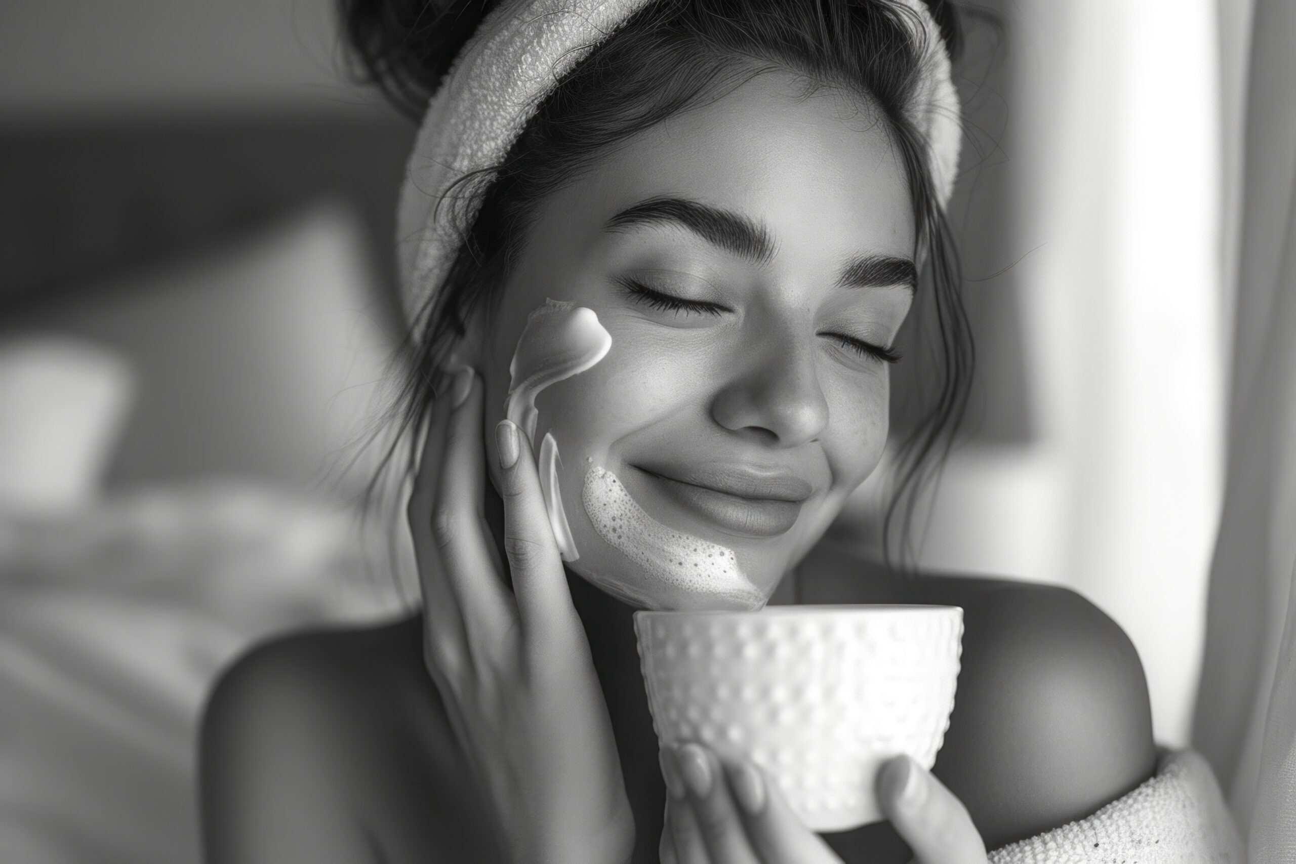 Woman applying I m from skincare cream during morning routine, bedroom background, black and white photo