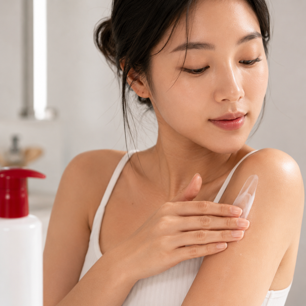 Close-up of woman applying Eucerin Roughness Smoothing Lotion to moisturize dry, rough, and bumpy skin