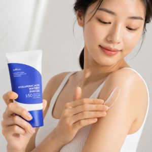Woman applying Isntree Hyaluronic Acid Watery Sun Gel SPF50+ PA++++ to her shoulder while holding the sunscreen tube