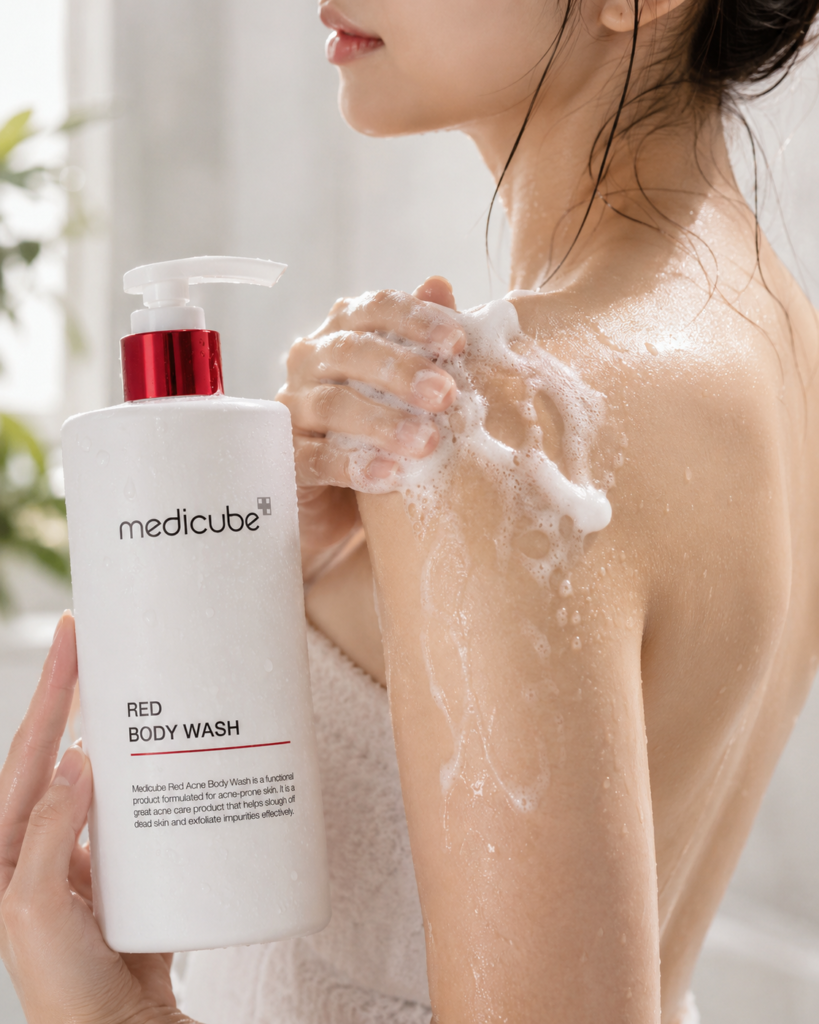 Woman applying Medicube Red Body Wash with rich lather on her shoulder while holding the body wash bottle