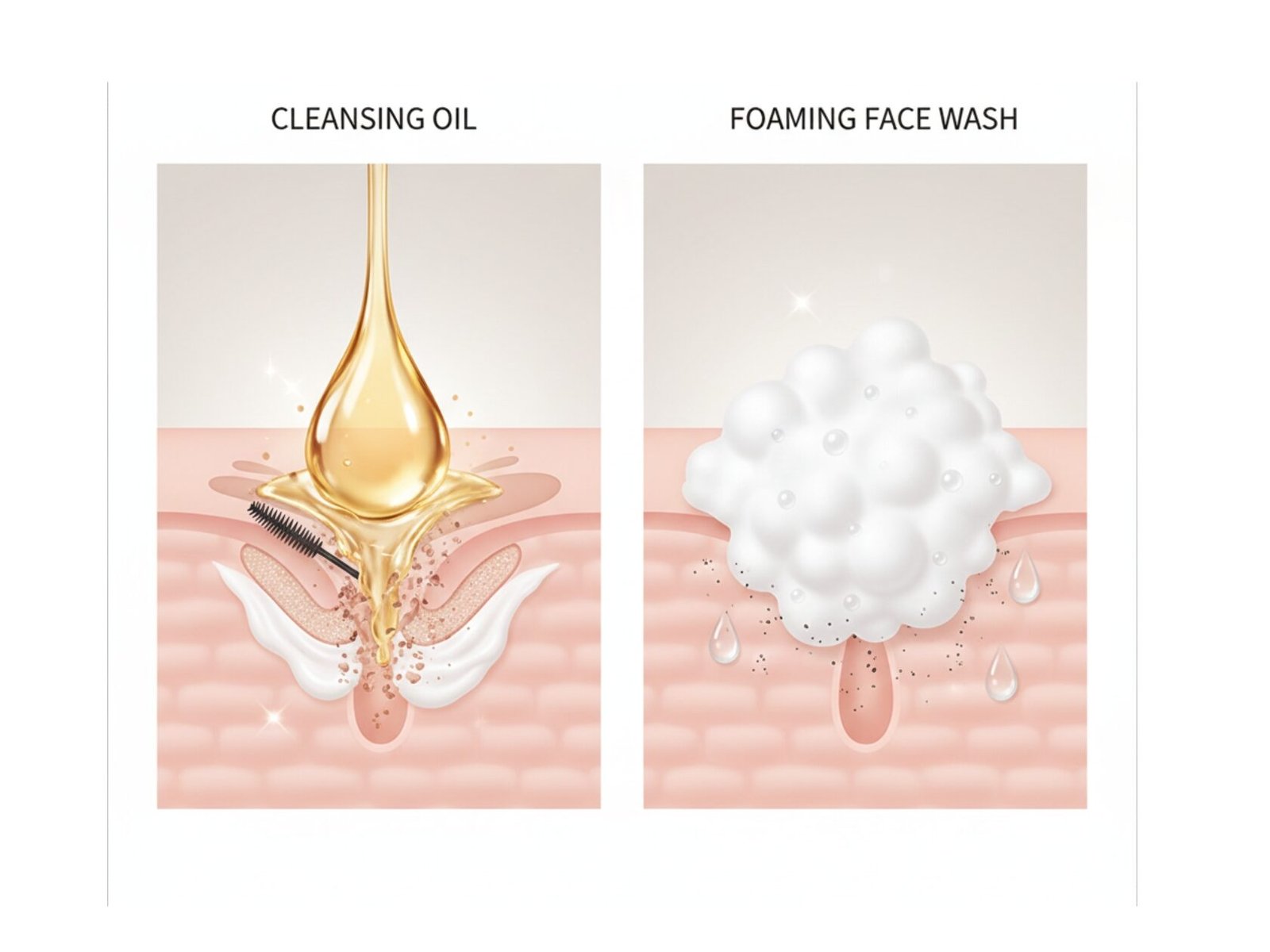 Split-screen comparison showing cleansing oil dissolving makeup and face wash removing impurities.