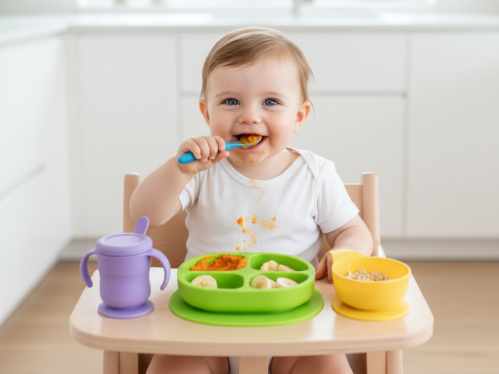 Baby eating solids from a feeding set on a high chair.