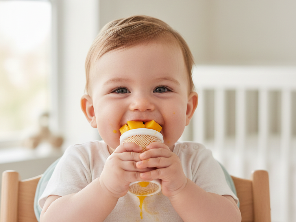 Baby chewing on a fruit feeder during teething.