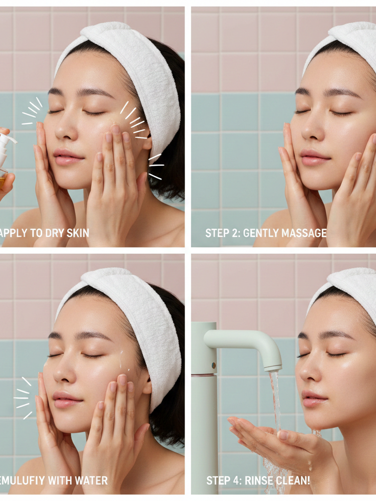 Illustration of a woman demonstrating how to use cleansing oil apply, massage, emulsify, and rinse.