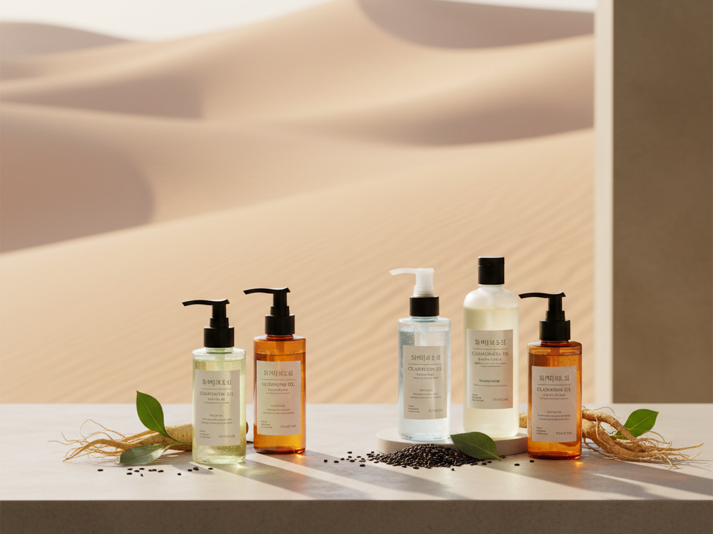 Arrangement of Korean cleansing oils with a desert-inspired background representing Qatar’s climate.