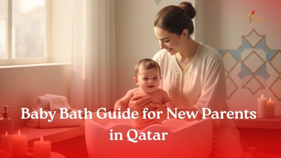 Mother gently bathing her infant in a baby bath tub at home, warm and calm family moment.
