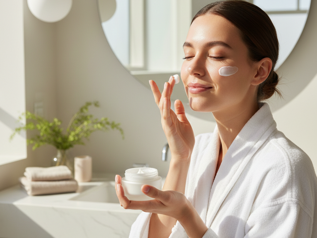 Woman applying moisturizer to her face.