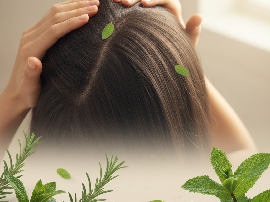 Scalp massage with rosemary mint hair oil, promoting growth and nourishment.