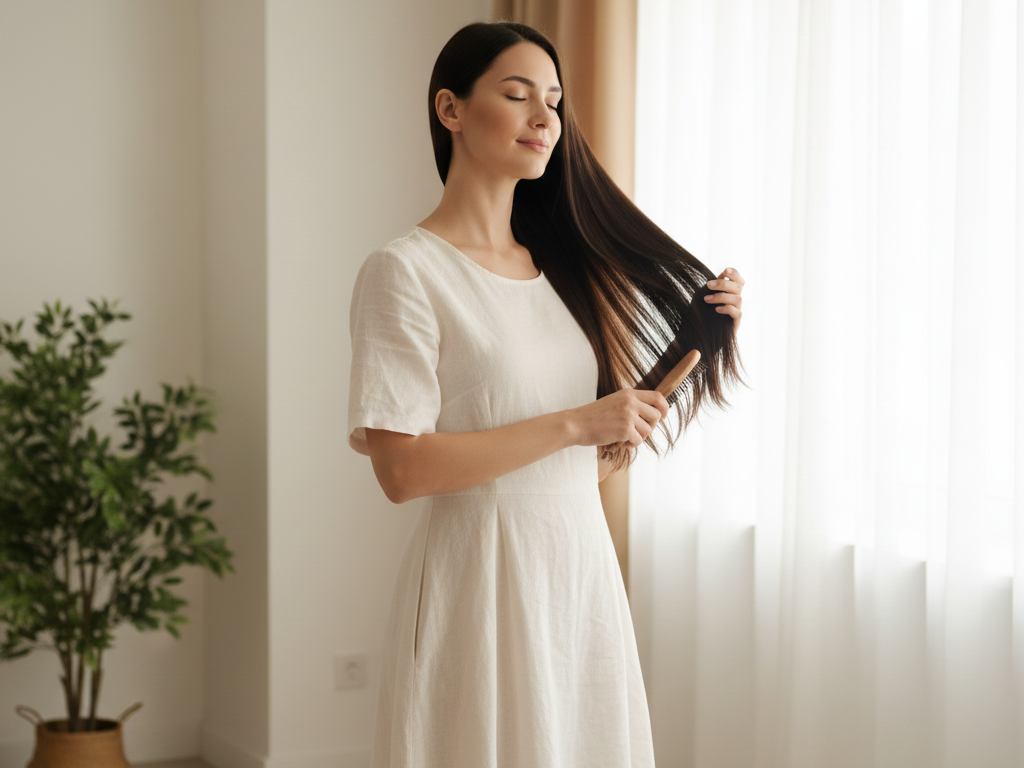 Healthy smooth hair after following a nourishing hair care routine in Qatar’s climate.