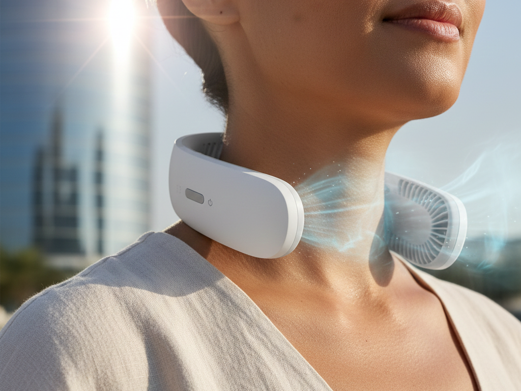 Wearing a Neck fan for cool Qatar climate
