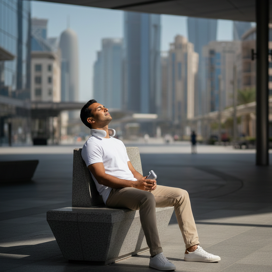 Wearing a neck fan and feel free in Qatar cool by mr.tulip qatar.
