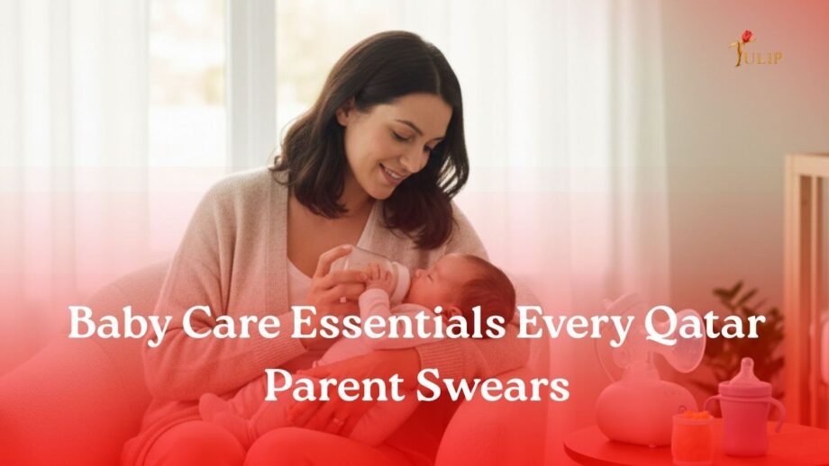 Mom feeding newborn at home with baby care products in the background.