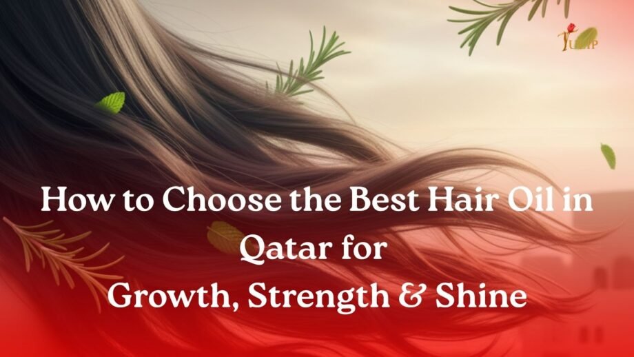 Healthy shiny hair with botanical elements representing hair oil benefits in Qatar.