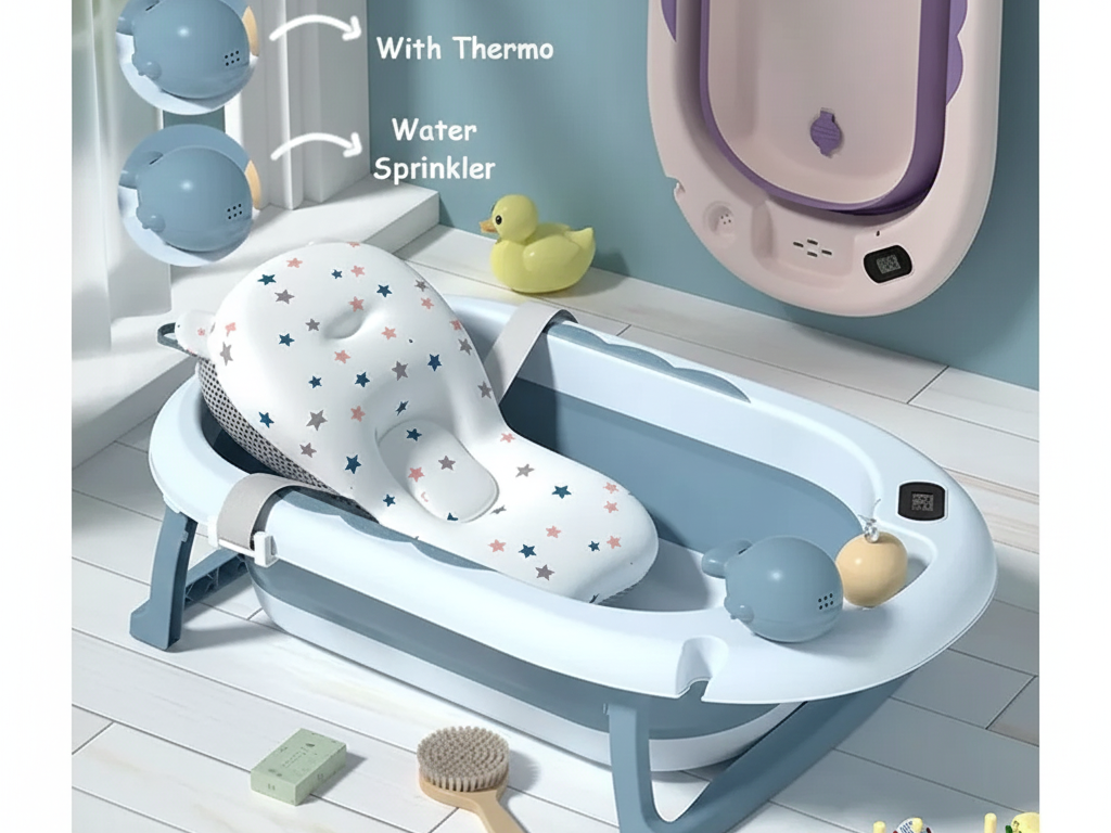 Mr Tulip Modern baby bath tub displayed in a clean bathroom with towels and baby essentials.