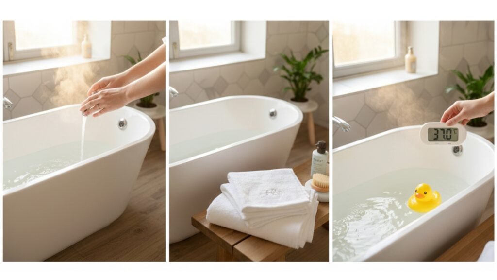 Parents prepare a baby bath by checking the water temperature and arranging towels.