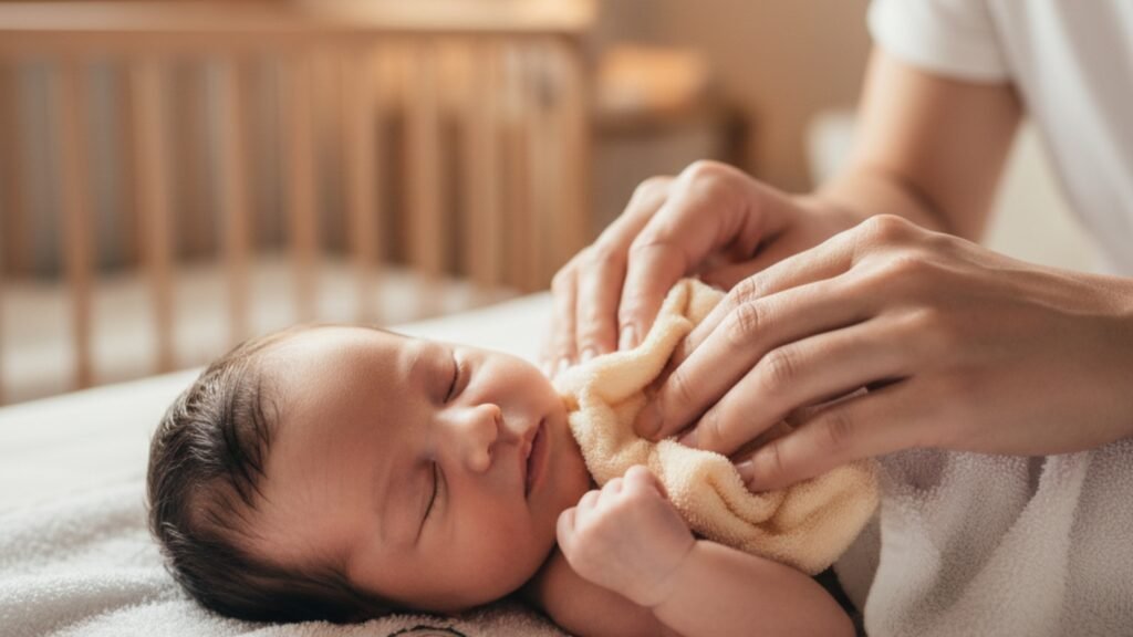 Parent gently cleaning a newborn’s face with a warm cloth during a sponge bath.