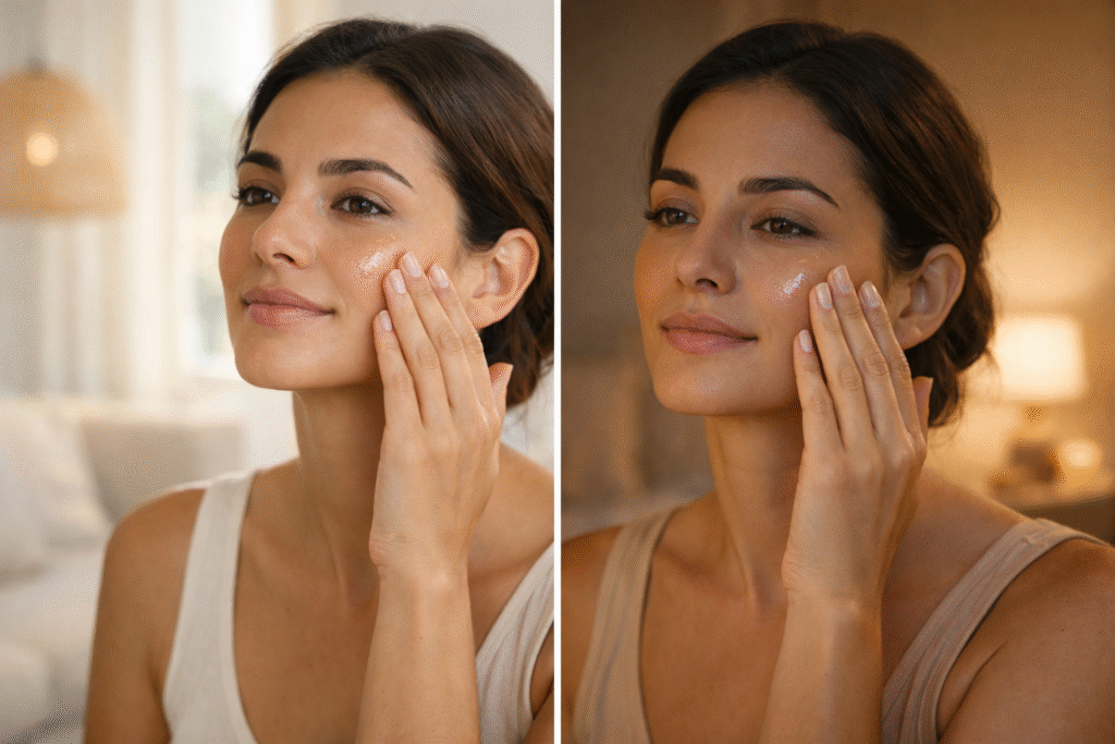 Morning and night face serum application routine showing correct skincare timing for daily use ,here how to apply serum
