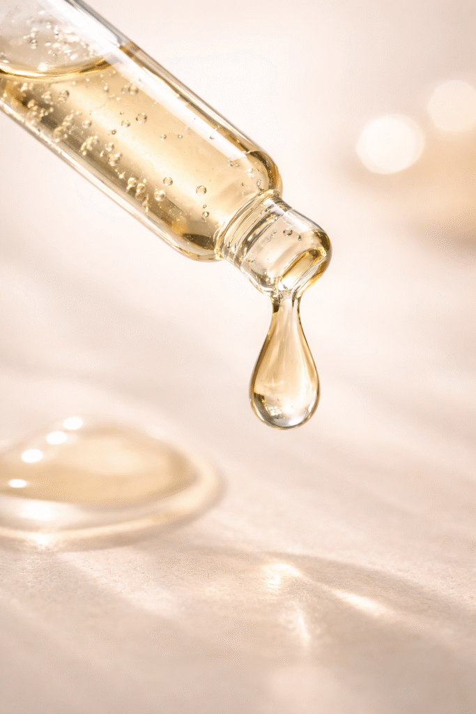close-up texture of glow boosting serum drop showing lightweight hydrating formula