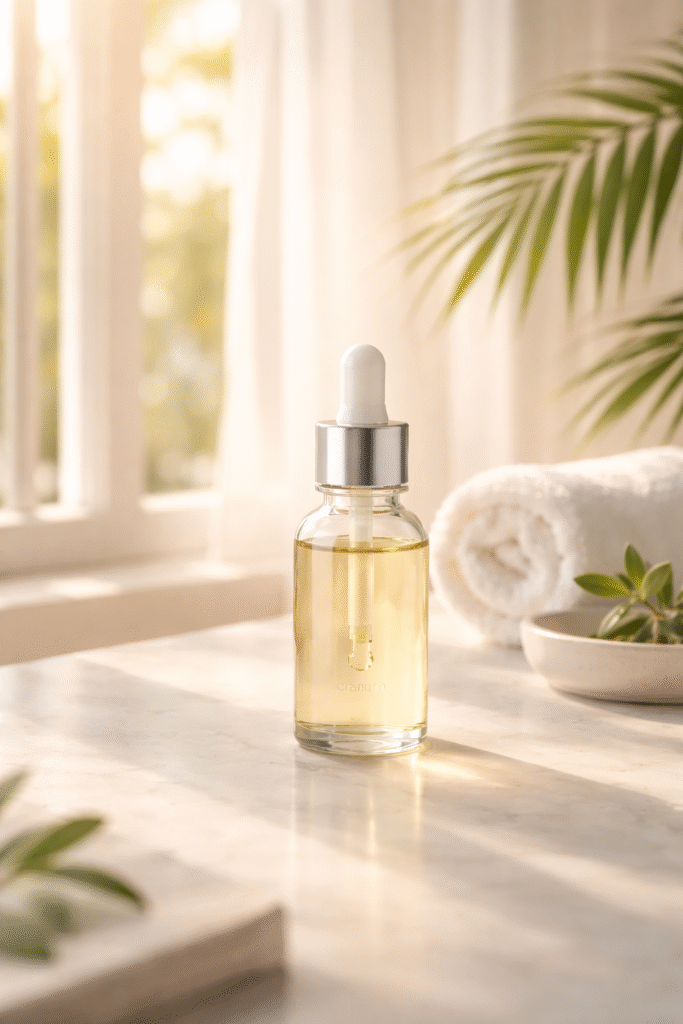 glow boosting serum bottle in warm sunlight suitable for hot and humid climate skincare