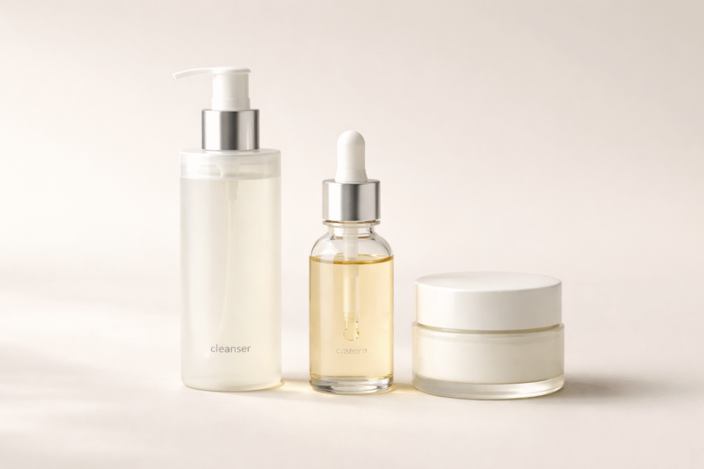 minimal skin carminimal skincare routine order showing cleanser, serum, and moisturizer for glowing skin