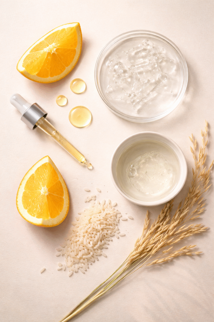 brightening serum ingredients including vitamin C, hyaluronic aci,d and rice extract