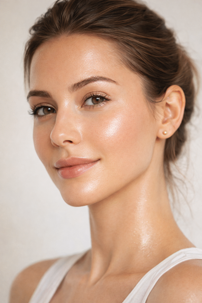 Woman with healthy glowing skin after skincare routine, showing benefits of using sunscreen daily