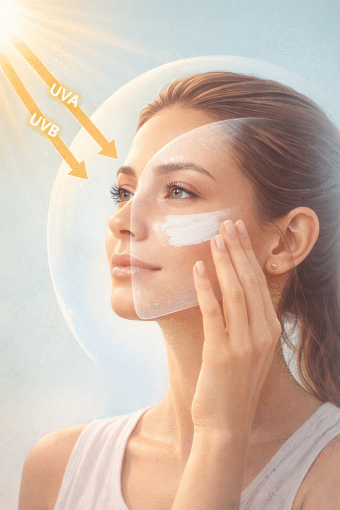 Sunscreen protects skin from UVA and UVB rays, illustrating why sunscreen is important for skin health