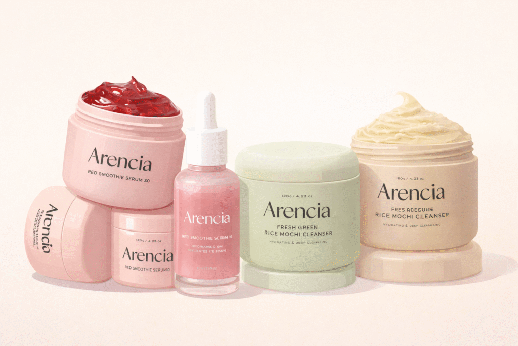  Illustrated Arencia Korean skincare products including serums and rice mochi cleansers for skincare education