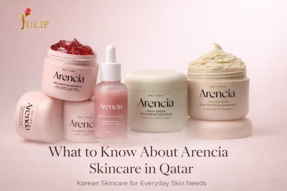 Arencia Korean skincare products, including serums and rice mochi cleanser,s displayed for Mr. Tulip Qatar skincare 