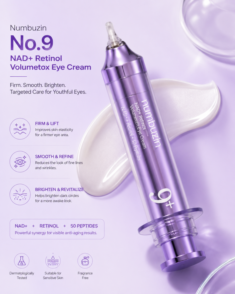 Close-up of Numbuzin No.9 NAD+ Retinol Volumetox Eye Cream with a cooling applicator for reducing fine lines, puffiness, and dark circles
