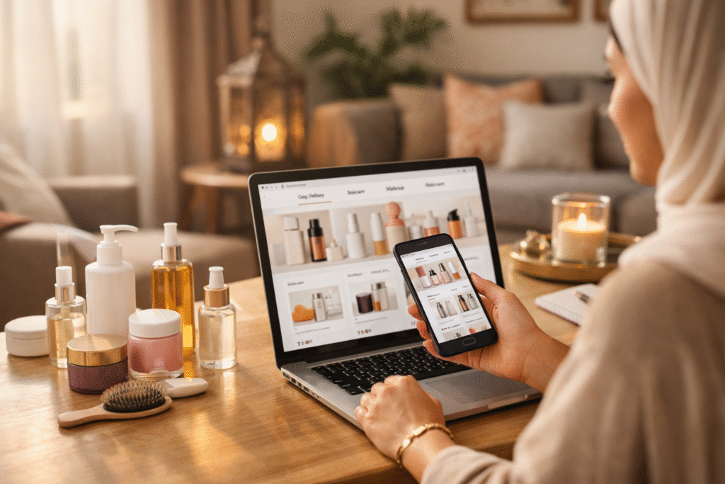 Woman browsing an online beauty shop in Qatar on her smartphone at home