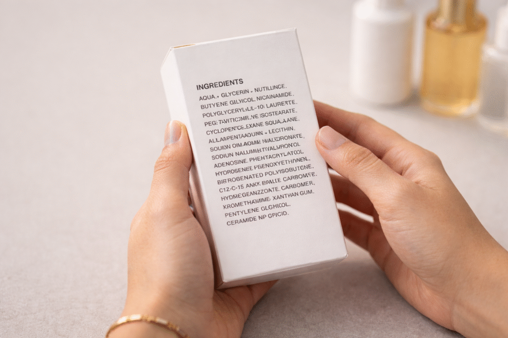 Person reading skincare ingredient label before buying beauty product online