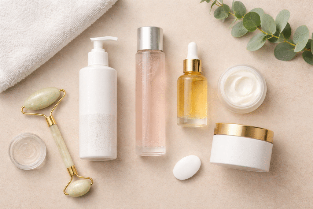 Skincare products including cleanser toner serum and moisturizer arranged on neutral background