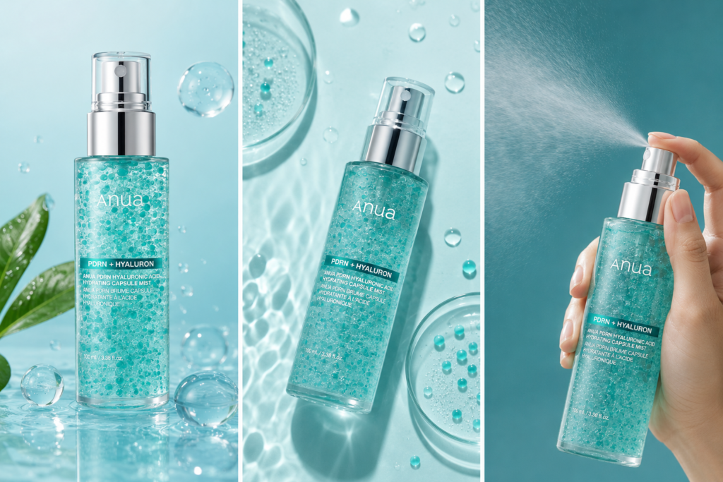 Anua PDRN Hyaluronic Acid Hydrating Capsule Mist product photo with aqua hydration background