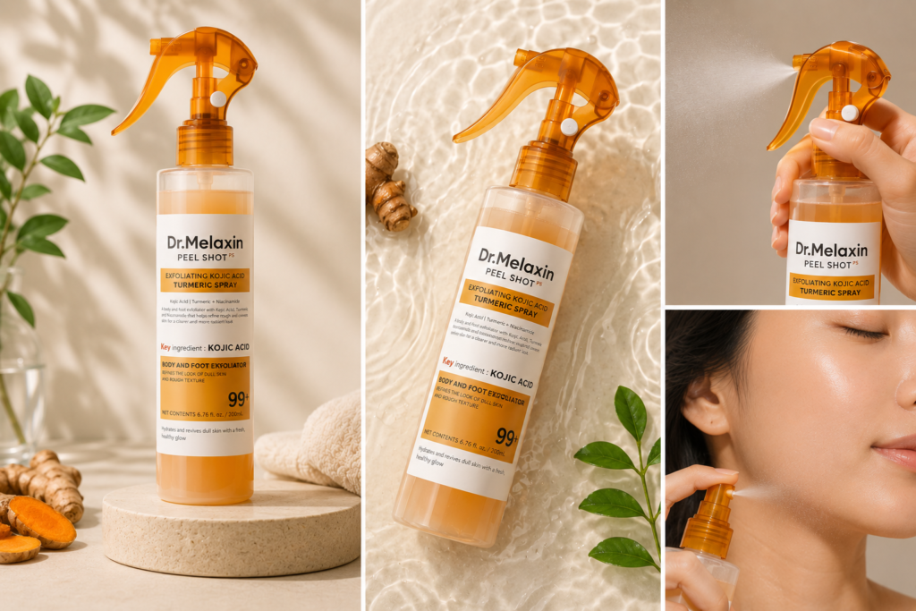 Kojic acid turmeric spray skincare product photo premium aesthetic