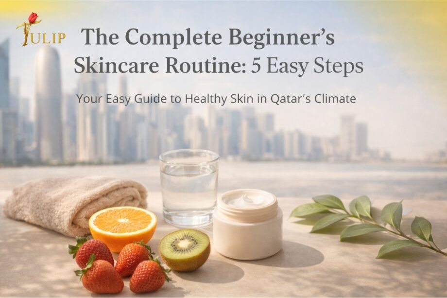 skincare routine for beginners in Qatar with Doha skyline and natural skincare products.