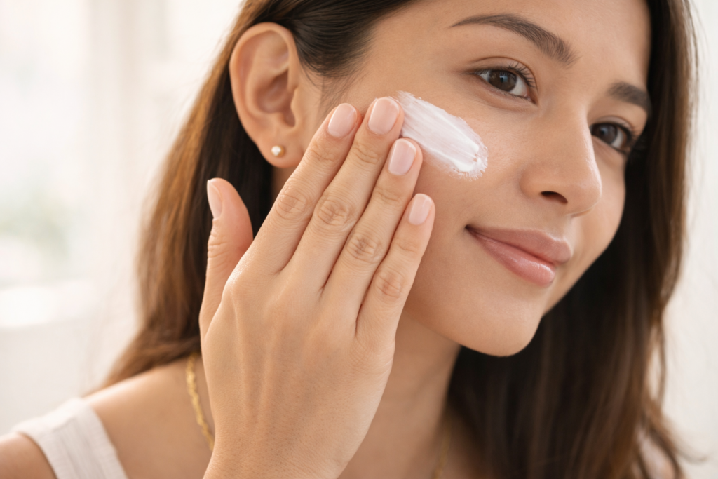 Applying sunscreen correctly using the two-finger rule method for effective SPF protection in the Qatar climate