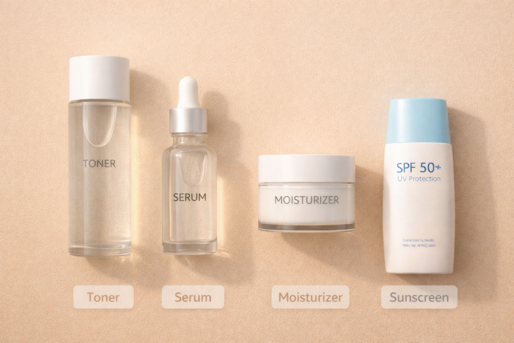 K beauty skincare layering routine with toner, serum, moisturizer, and sunscreen for daily sun protection in Qatar