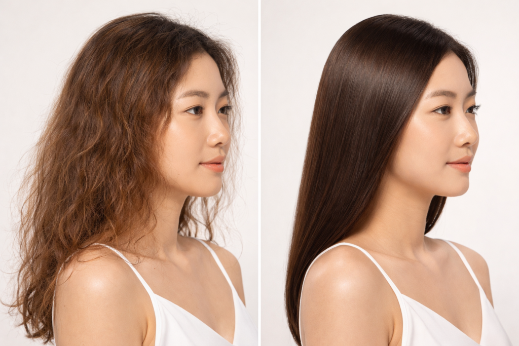 Before and after Korean hair care results showing frizzy dry hair transformed into smooth shiny healthy hair