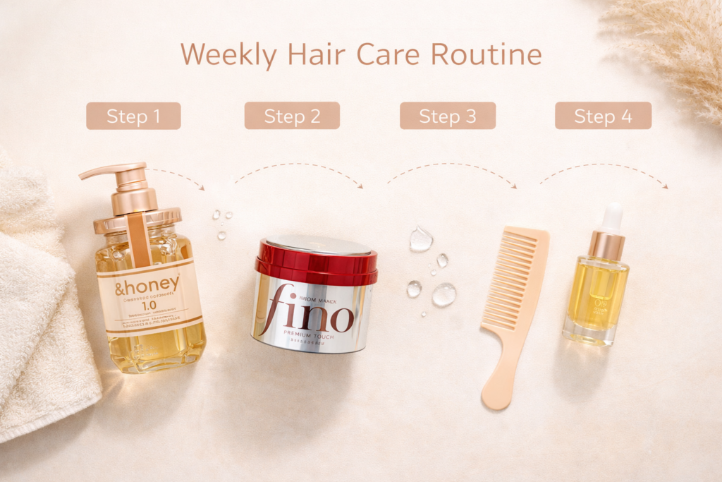 Korean hair care routine essentials including shampoo hair mask comb and oil arranged in minimal aesthetic layout