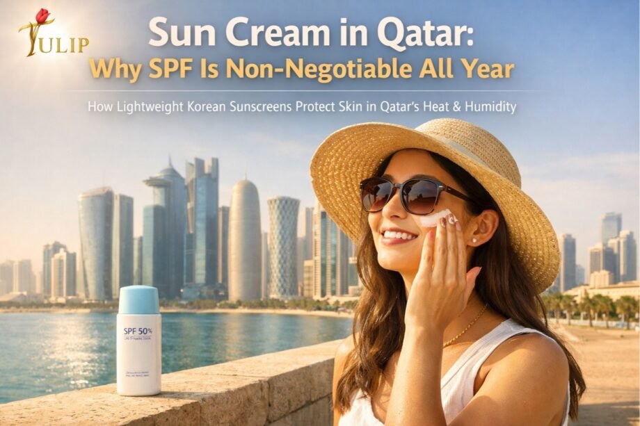Sun cream Qatar guide showing a woman applying sunscreen outdoors in Doha, highlighting the importance of SPF protection in a hot climate