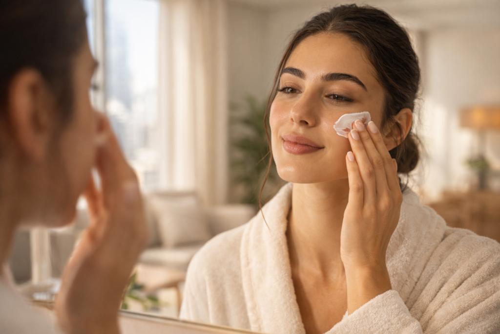 Woman applying moisturizer in front of a mirror in a bright apartment, daily skincare routine for healthy skin.
