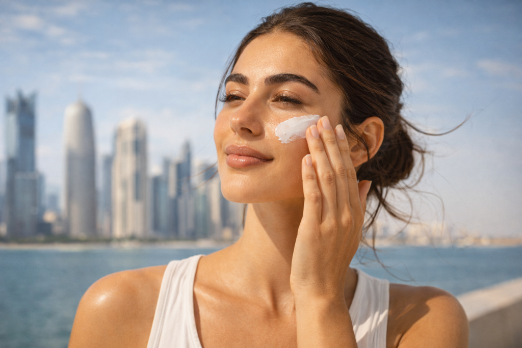 Young woman applying sunscreen outdoors in Doha with modern skyline, an essential step in the skincare routine for beginners in Qatar.