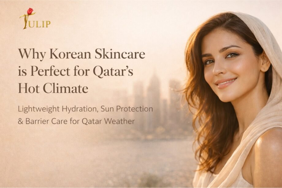 Korean skincare Qatar feature image showing radiant woman with glowing skin under Doha sunset