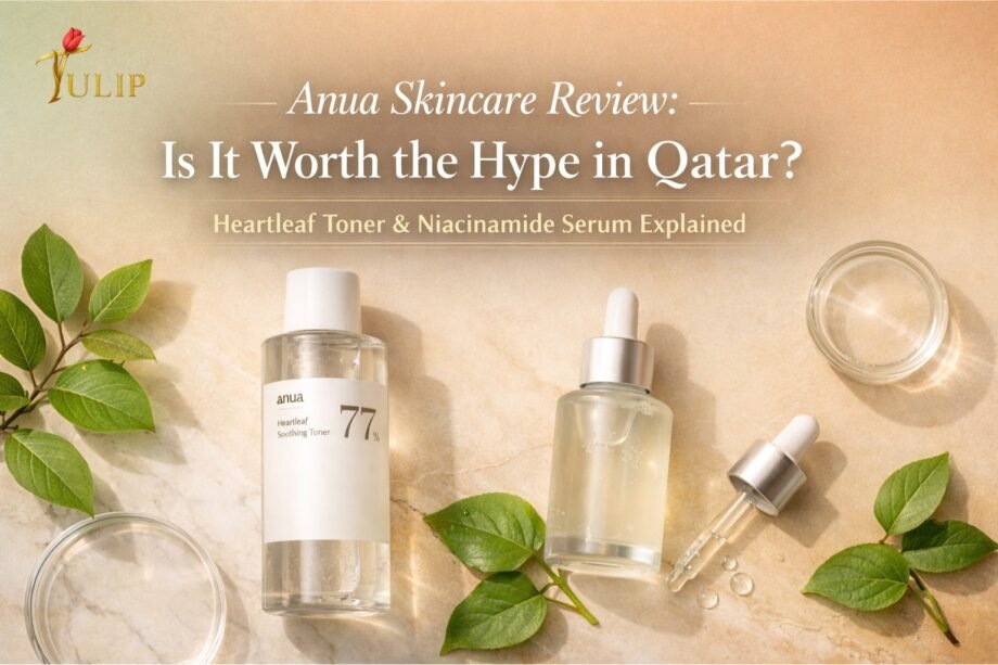 Anua Skincare Qatar review featuring Heartleaf toner and Niacinamide serum on a clean aesthetic background