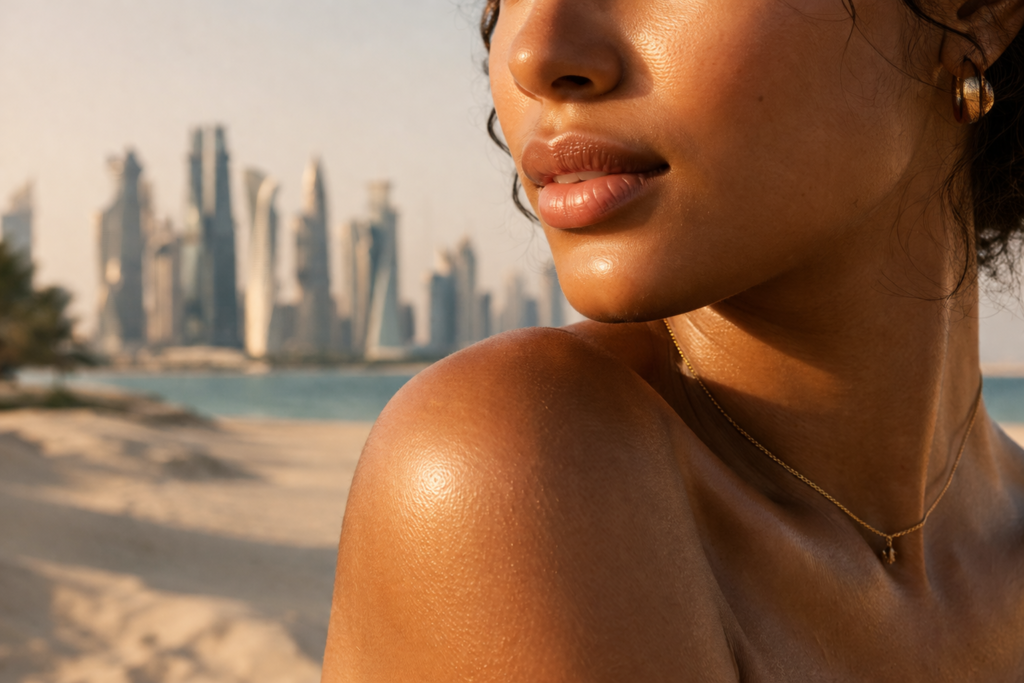 healthy brown skin under warm golden sunlight, with a blurred desert and modern Doha city skyline in the background
